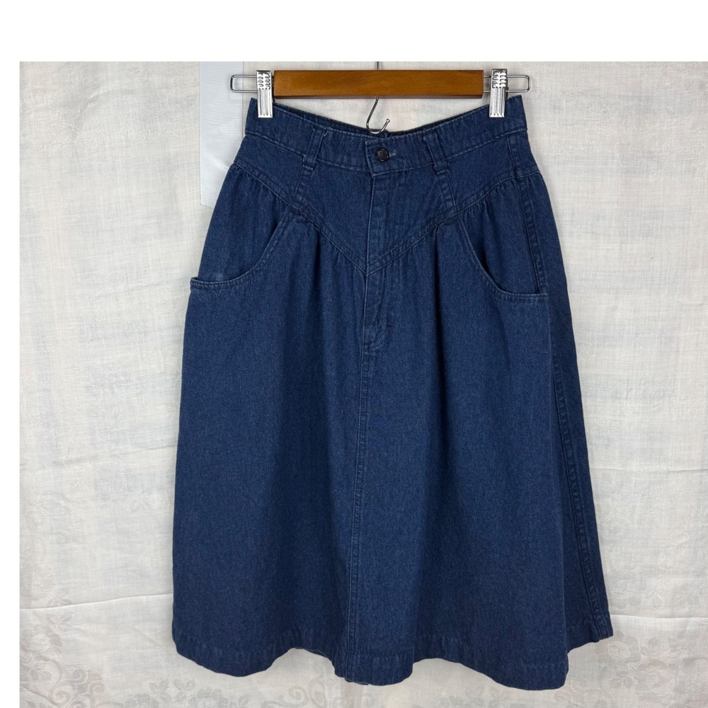Vintage Cascade Blues Denim Midi Skirt High Waist Pockets Dark‎ Wash Casual